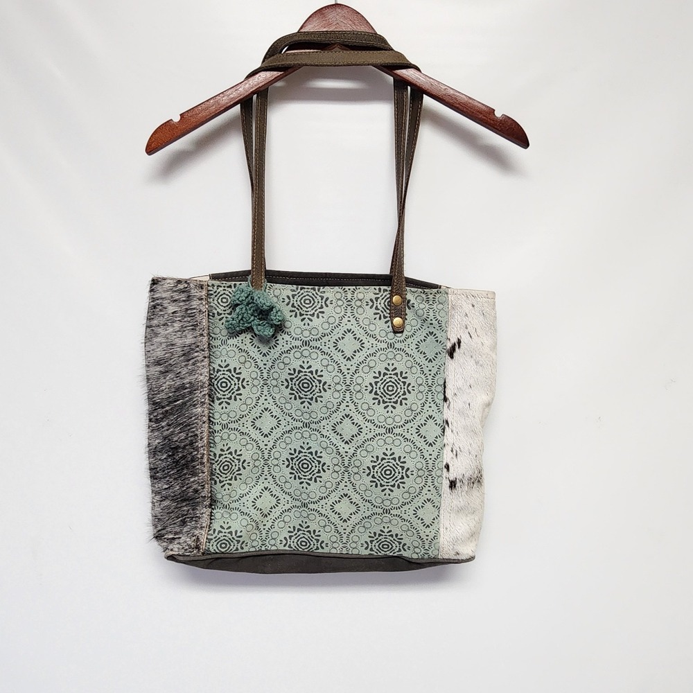Myra Bag Mint Pattern & Cowhide Tote with Brown Straps